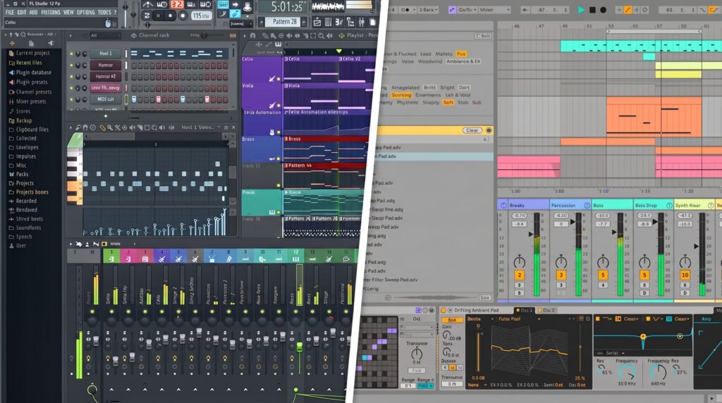 Comparativa visual de FL Studio y Ableton Live para producción de música urbana