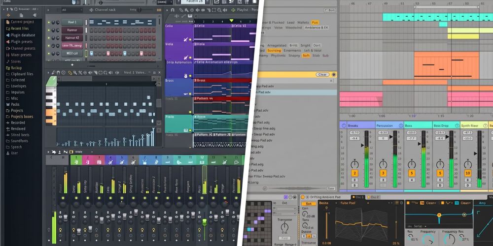 Comparativa de las interfaces de producción musical de Ableton Live y FL Studio en un estudio de grabación.