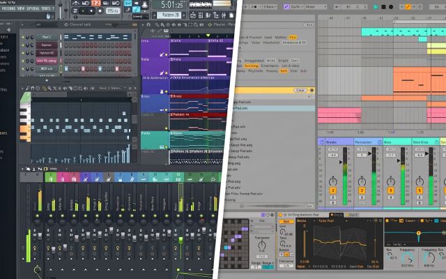 Comparativa de las interfaces de producción musical de Ableton Live y FL Studio en un estudio de grabación.