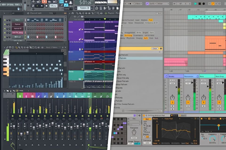 Comparativa de las interfaces de producción musical de Ableton Live y FL Studio en un estudio de grabación.